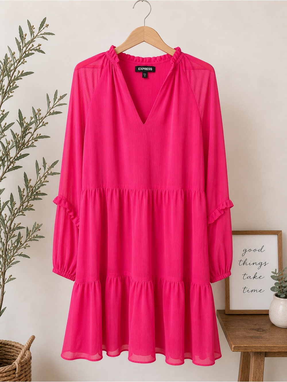 Express Women's Hot Pink Tiered V-Neck Long Sleeve Dress